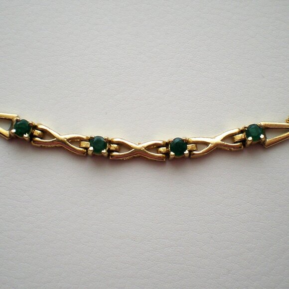 Vintage Solid 14K Yellow Gold 0.78CT Green Emerald Pat. 4697315 Tennis BRACELET - Picture 2 of 9